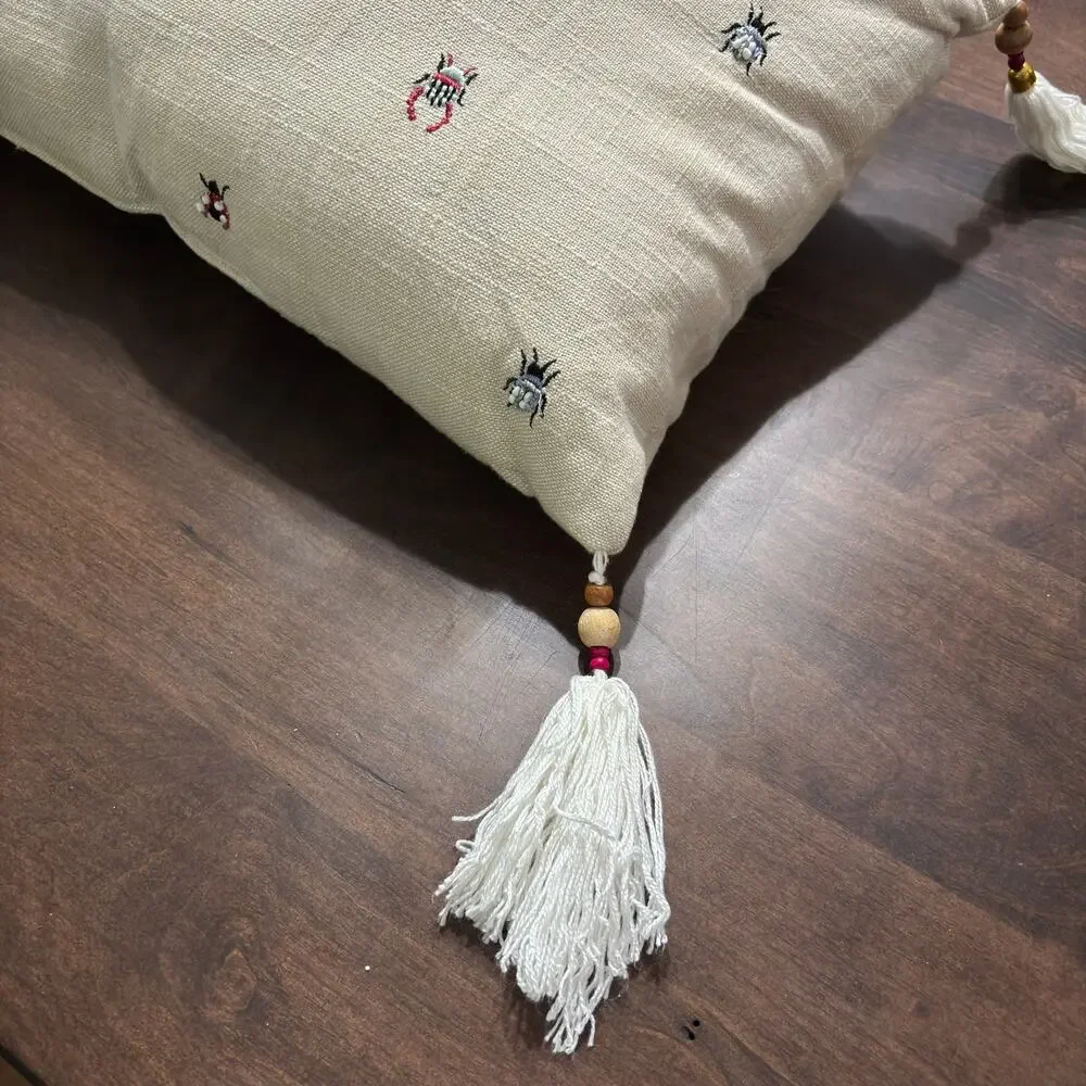 Bug Insect Butterfly Embroidered Pillow w/ Tassels, Beetles, Bees, ladybugs 22